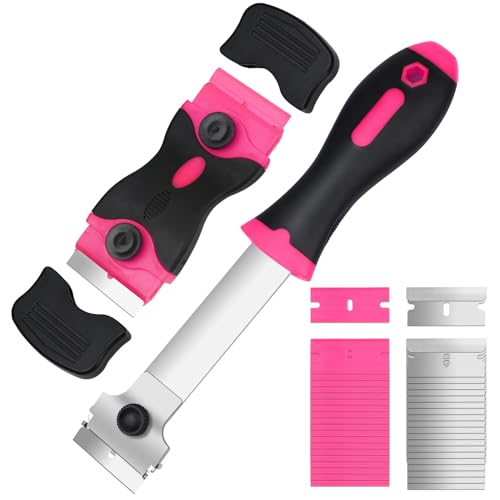 Ainiv 2 Raspadores de Cristal con Mango Largo, Incluyendo 20 Cuchillas de Repuesto, Rascador Multiusos de Limpieza para Raspar Etiquetas, Pegatinas, Calafateo, Pintura de Vidrio (Rosa)