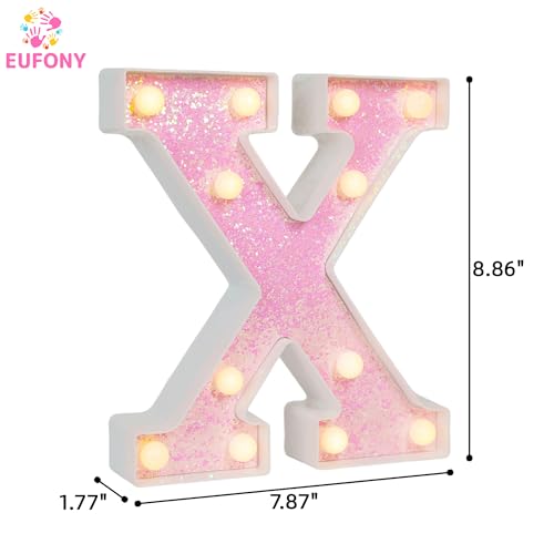 Image of Pink Glitter Marquee Light Up Letters, Battery Operated LED Letter Lights Signs for Pink Birthday Party Table Decorations, Wall Decor for Girls Bedroom, Initial Letter X with Warm White Lights