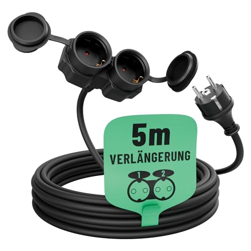 greate 2fach Verlängerungskabel außen 5 Meter wasserdicht IP44-2 Fach Mehrfachsteckdose Verlängerung draußen Schuko 5m 3500W - Outdoor Extension Cord Waterproof für Aussenbereich