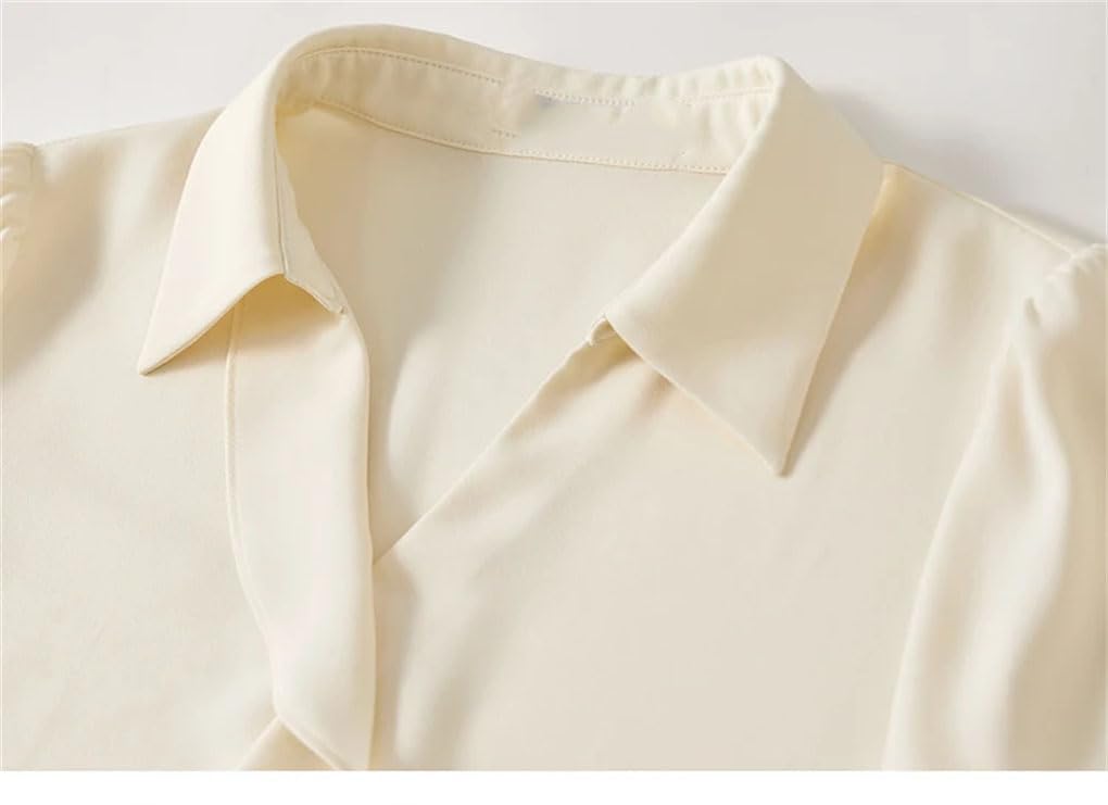 Blusa recta de gasa para mujer, con volantes, cuello en V, de satén, para oficina, ropa casual