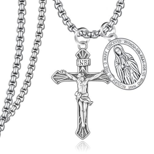 Crucifix Necklace Men 925 Sterling Silver Virgin Mary Cross and Miraculous Medal Necklace for Women Religious Amulet Catholic Jewelry Gifts