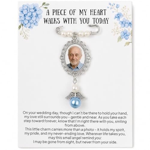 Wedding Bouquet Photo Charms Something Blue Gift For Bride Memorial Pin For Wedding Groom Remembrance Gift From Deceased Mom Or Dad DIY Bridal Pin With Guardian Angel Memory Charm And Picture