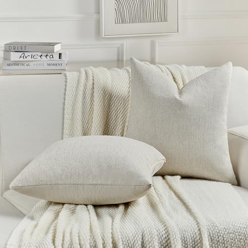 FUTEI Natural White Wood Chenille Decorative Throw Pillow Covers 20x20 Inch Set of 2,Soft Cozy Faux Linen Textured Cushion Case,Farmhouse Home Decor for Couch Living Room