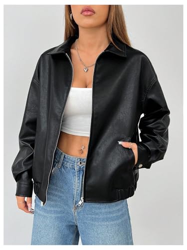 Women's Faux Leather Zip Up Jacket Long Sleeve Drop Shoulder Outerwear Coat4