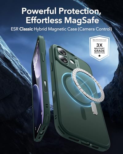 Image of ESR for iPhone 17 Case, Camera Control Cover, Compatible with MagSafe, Shockproof Military-Grade Protection, Magnetic Phone Case for iPhone 17, Classic Hybrid Case, Frosted Green