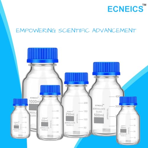 Image of Borosilicate Glass reagent bottle 25ml with leak proof Blue Screw Cap pack of 4 for glassware wide mouth chemical bottles for lab, laboratory, kitchen and professional use