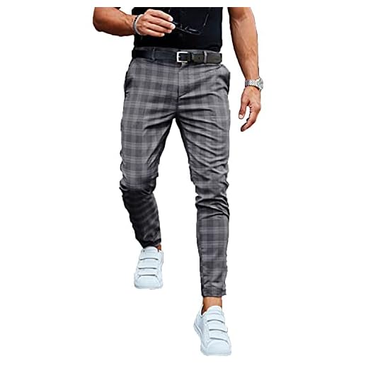 Pantalon Chino à la Coupe à Carreaux pour Hommes Pantalon à Carreaux décontracté Pantalon de survêtement Skinny Extensible à Devant Plat et Confort Moderne (L,Gris Foncé)