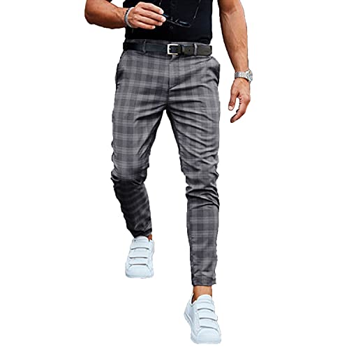 Generic, Mens Slim Fit Stretch Plaid Dress Pants with Pockets Checks Pattern Chino Trousers Fashion Casual Elasticity Button Pant (Dark Gray,XLarge)