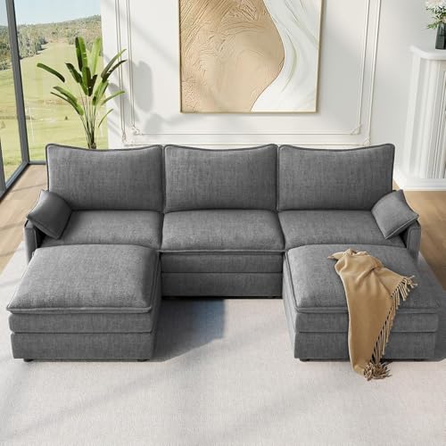 Image of Vesgantti 108 inch U Shaped Sectional Couch, Comfy Cloud Modular Sectional Sofa with 2 Ottoman Deep Seat Chenille Modern Cloud Sofa, Modular Sofas for Living Room, Bedroom and Apartment, Gray