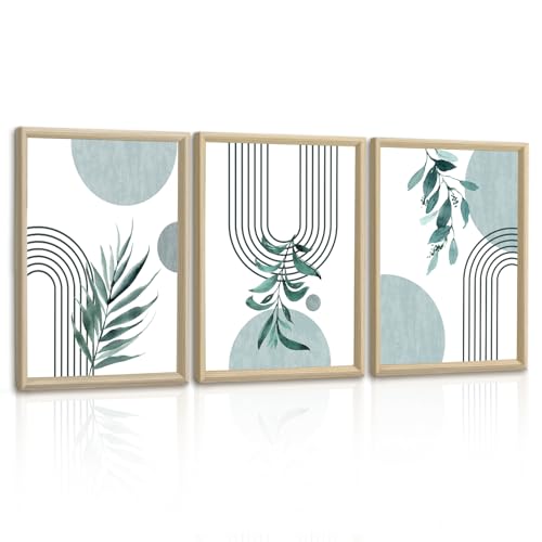 Marco de Madera 3Pcs Cuadros Decorativos, Planta Azul, Lienzo Decorativo Boho, Azul, Salón, Dormitorio, Comedor, Oficina, Decoración de Pared, Listo para colgar, 30x40cmx3