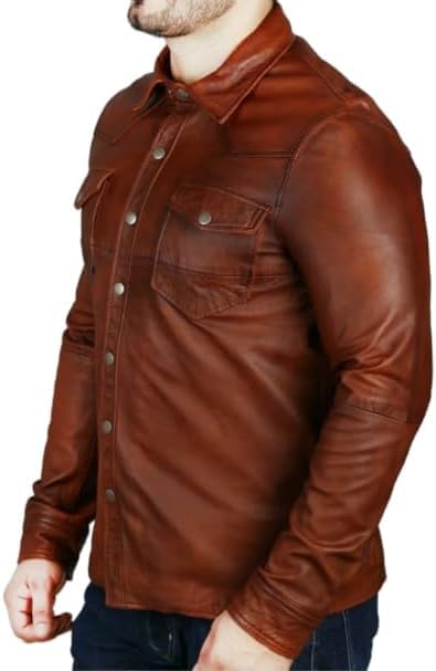 Men's Western Trucker Leather Jacket, Fitted Denim Shirt Style, Mens Wastern Cowboy Leather4