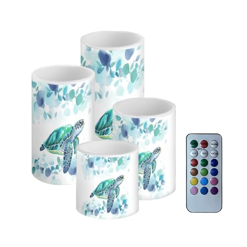Image of Flameless LED Candles Electric Candle Set with Remote Timer Color Changing Control Long Lasting for Table Centerpiece Home Indoor Decoration Pack of 4, Blue Sea Turtle