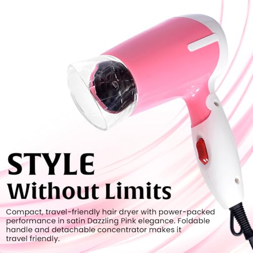 Image of GUSTTO Foldable Hair Dryer 1100W | Compact Travel-Friendly Hair Dryer with Foldable Handle, Hanging Ring, 2 Heat & Speed Settings, Lightweight & Portable (Dazzling Pink), BIS Certified