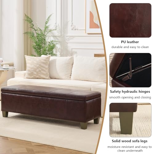 Image of 51 Inch Storage Ottoman, Storage Bench with Safety Hinge, Upholstered Synthetic Leather Ottoman Bench for Bedroom, Living Room, Entryway, Hallway, Foot Rest, Support 500lbs