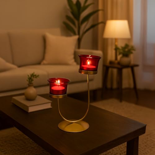 Image of MARKET 99 Metal+Glass 2 Votive T- Light Holder U Shape | for Diwali, Christmas, Birthday, and Wedding | Decorative Candle Holder for Home Decor & Festive Season | Golden & Red