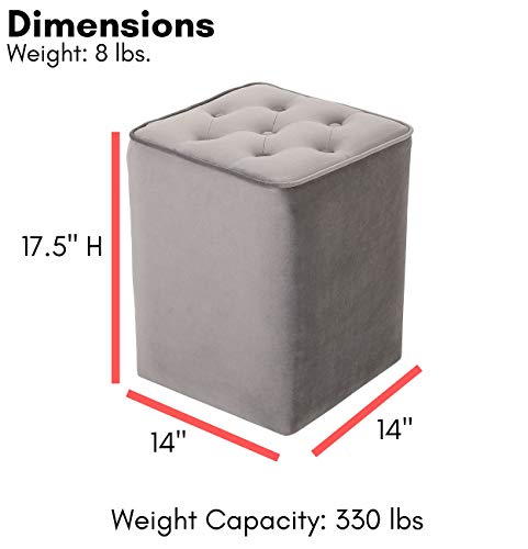 Birdrock Home Tufted Grey Velvet Ottoman Foot Stool - Square - Soft Compact Padded Stool - Great For The Living Room, Bedroom And Kids Room - Upholstered Small Furniture #TOP2
