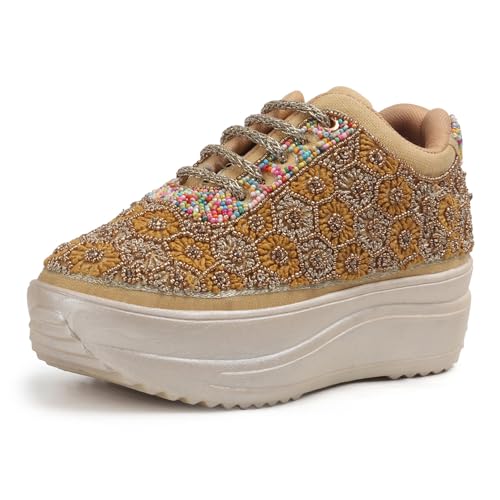 Image of Vendoz Women Hand Embroidery Wedding Party Bridal Floral High Heel Sneakers I Cushioned Insole I Comfortable Wear Wedge Shoes I for Ladies and Girls