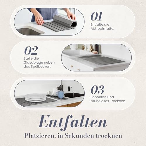Chandelita Abtropfmatte Stein aus Diatomit – Faltbar 40×30 cm mit 30×10 cm Abtropfgestell & 2 Schleifpads – Stone Drying mat Kitchen, Schnell Trocknend, Antibakteriell, Rutschfest für Küche und Gläser