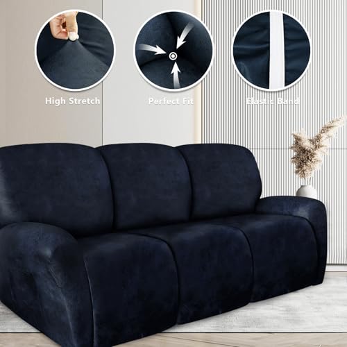 Image of ANARACHON Recliner Couch Cover Leather Look Recliner Sofa Covers for 3 Cushion Reclining Sofa Slipcovers 8-Pieces Furniture Protector Spandex Fabric Washable (3 Seater, 02 Navy)