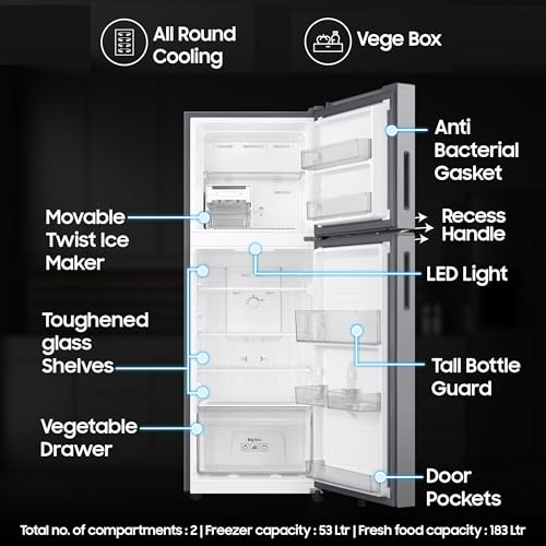 Image of Samsung 236 L, 2 Star, Digital Inverter, Frost Free Double Door Refrigerator (RT40H28W2QHL, Gray Silver, 2026 Model)