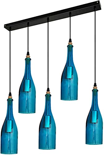 Lampada a sospensione moderna a forma di bottiglia con 5 teste e filo regolabile da 95 cm per bar, caffetteria, ristorante e soggiorno. (Blu)