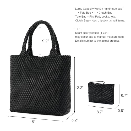 Image of BAGOK Woven Tote Bag for Women, Handwoven Vegan Leather Shoulder Bag with Clutch, Large Tote for Work, Travel & Beach