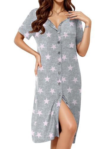Image of DB MOON Womens Nightgowns Button Up Pajamas Short Sleeve Night Gown Sleep Wear Dress