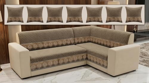 Image of Luxury Sofa Cover L Shape 7 Seater with Matching Cushion Cover 16x16 inch - Mouse Brown Luxury 4+3 Seater (7 Seater) Quilted Sofa Cover Set Pack of 12, Washable, Mouse Bronze