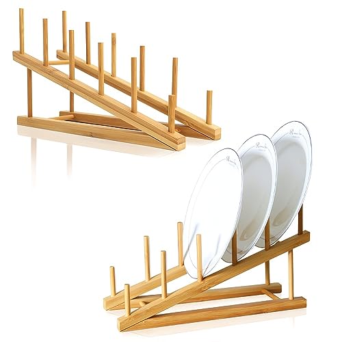 TIE-DailyNec 2 PCS Wooden Dish Rack Bamboo Drying Rack Stand Pot Lid Holder Kitchen Cabinet Organizer for Dish Plate Bowl Cup Pot Lid Cutting Board