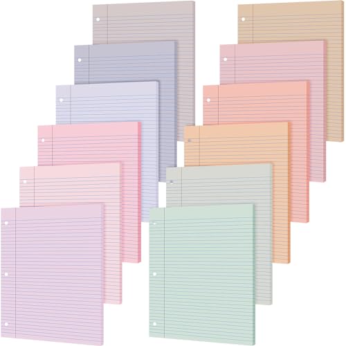 PerKoop 12 Pack 600 Sheets Colored Lined Paper Bulk Wide Ruled 8 x 10.5 Inches, Pastel Loose Leaf Notebook Paper 3 Hole Punched Filler for Back School Classroom Supplies(Fantasy Color)