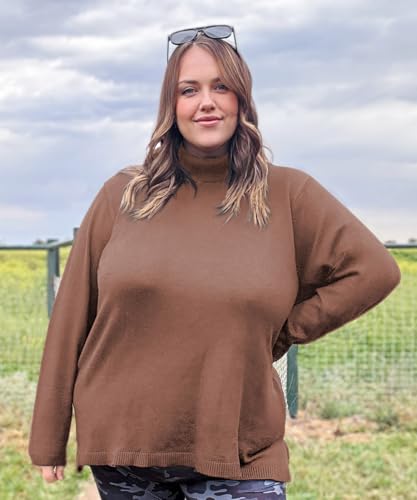 Image of CARCOS Plus Size Sweaters for Women Solid Turtleneck Sweater Long Sleeve Pullover Tops Casual Split Hem Knit Shirts