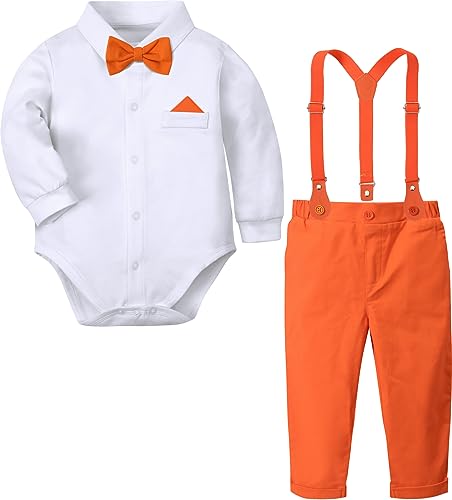 Image of A&J DESIGN Baby Boys Suits Infant Gentleman Formal Wedding Suspenders Outfit with Bowtie