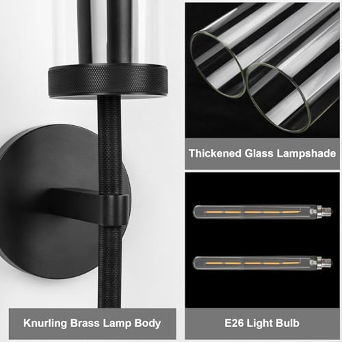 Image of Black Wall Sconce, 19.48'' Brushed Brass Knurled Bathroom Sconces Wall Lighting Vanity Light with Clear Glass, Indoor Wall Mount Light for Living Room Mirror Bedroom Stairs