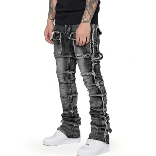 Mens Stacked Jeans Slim Fit Ripped Distressed Straight Leg Denim Pants with Multi Pockets3