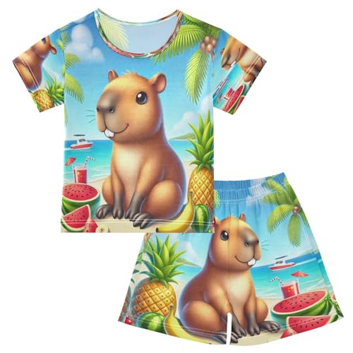 Capybara Summer Fruits Beach Pajama Set Short Sleeve PJ Set Cotton Summer Pajamas Sleepwear Soft 5Y