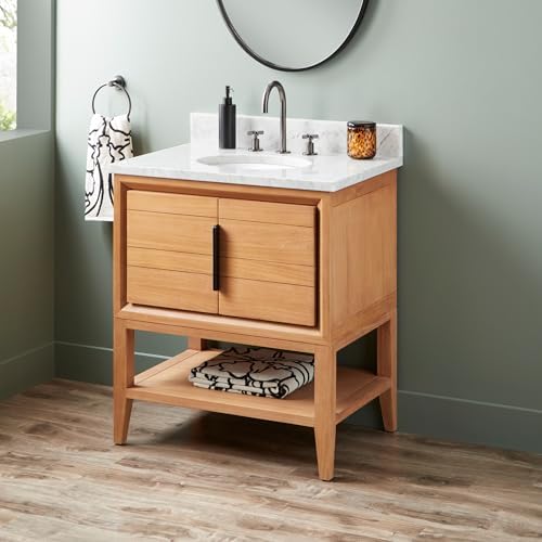 Signature Hardware 955226-30-um Aliso 30" Console Teak Single Basin Vanity Set with Cabinet, Vanity Top, and Oval Undermount Sink - 8" Faucet Holes - Natural Teak/Carrara