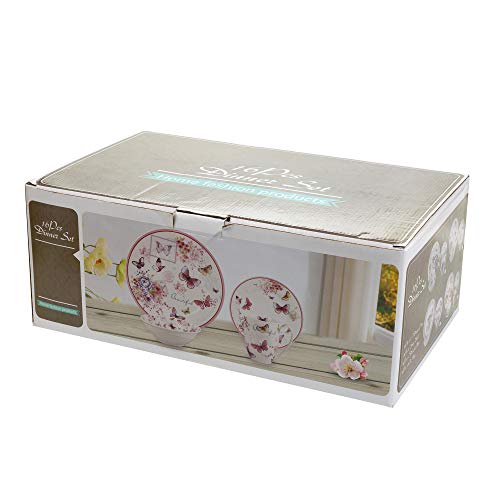 London Boutique Fine China Dinner set 16 Piece Porcelain Shabby Chic Vintage Rose Bird Butterfly Gift box (Rose Pink)