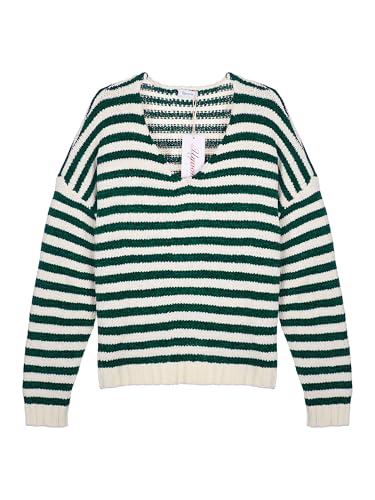 Image of V Neck Sweaters for Women Striped Oversized Pullover Sweaters Drop-Shoulder Side Slit Loose Knit Jumper Tops