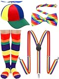 Jiuguva 4 Pcs Propeller Hat Rainbow Clown Hat Y Back Style Suspenders Bow Tie Striped Socks Set for Adult (Green Hat Brim,Stylish)