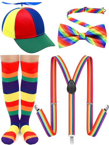 Jiuguva 4 Pcs Propeller Hat Rainbow Clown Hat Y Back Style Suspenders Bow Tie Striped Socks Set for Adult (Green Hat Brim,Stylish)