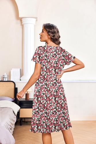Image of Ekouaer Nightgowns for Women with Pockets Button Front Short Sleeve House Dresses Floral Print Mumu Dress