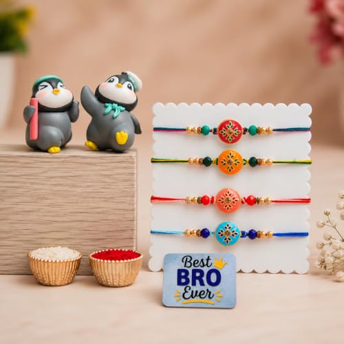 Image of eCraftIndia Rakhi Gift Set for Brother | Set of 4 Designer Floral Rakhis with Decorative Showpieces & Best Bro Ever Fridge Magnet | Premium Raksha Bandhan Gift Hamper for Bhai