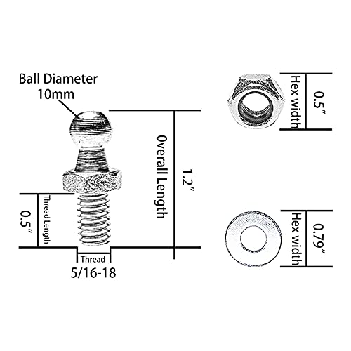 Monrand 10Mm Ball Studs With Hardware, Ball Mounting Studs, Round Ball Screws Metal For Gas Lift Support Strut Fitting, 5/16-18 Thread X 1/2" Long Shank, 4 Pack #TOP2