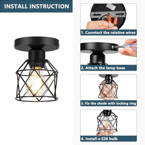 FadimiKoo 2-Pack Semi Flush Mount Ceiling Light, Black Hallway Light Fixtures Ceiling Mount, Farmhouse Metal Cage Pendant Indoor Modern Ceiling Lamp for Kitchen Porch Bedroom (LED Bulbs Included)