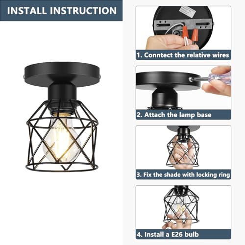 FadimiKoo 2-Pack Semi Flush Mount Ceiling Light, Black Hallway Light Fixtures Ceiling Mount, Farmhouse Metal Cage Pendant Indoor Modern Ceiling Lamp for Kitchen Porch Bedroom (LED Bulbs Included)