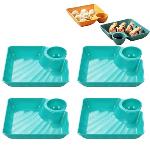 Set di 4 piatti separati per salsa, vassoio per salsa, vassoio rimovibile con scomparto integrato, disco per dumpling giapponese, piatto per patatine, salsa, snack, sushi, Easy Clean (verde)