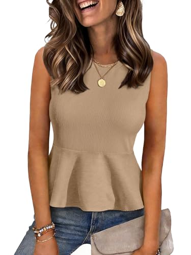 Image of UNCLECAT Womens Summer Tops 2026 Business Casual Outfits Crew Neck Sleeveless Shirts Slim Fit Peplum Tank Top Khaki
