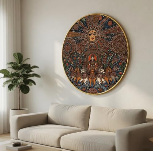 Image of SAF Surya Dev Round Wall Painting Traditional Folk Art PVC Golden Frame Sun God Chariot Horse Design Mandala Ethnic Wall Decor for Living Room Bedroom Home Office (20 x 20 Inch) GRL-388