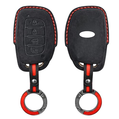 Image of KMH Alcantara Car Key Cover Compatible with Hyundai Alcazar Creta 2022 Venue i20 Tucson Elantra Smart keycover with Keychain 4 Button Shell Case Key Smart Keycover with Keychain (D2) Black - Pack of 1