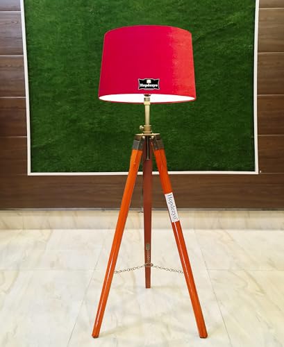 Hopdezyo Antique Nautical Wooden Tripod Adjustable Floor Lamp for Living Room, Home Decoration, Pack of Lamp in Drum Red Shade